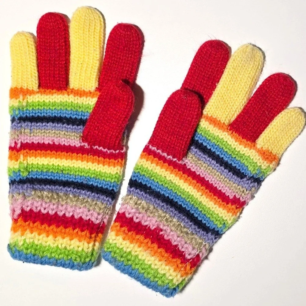 Kids Rainbow Striped Knit Gloves Winter Warm Mittens approx 7.5